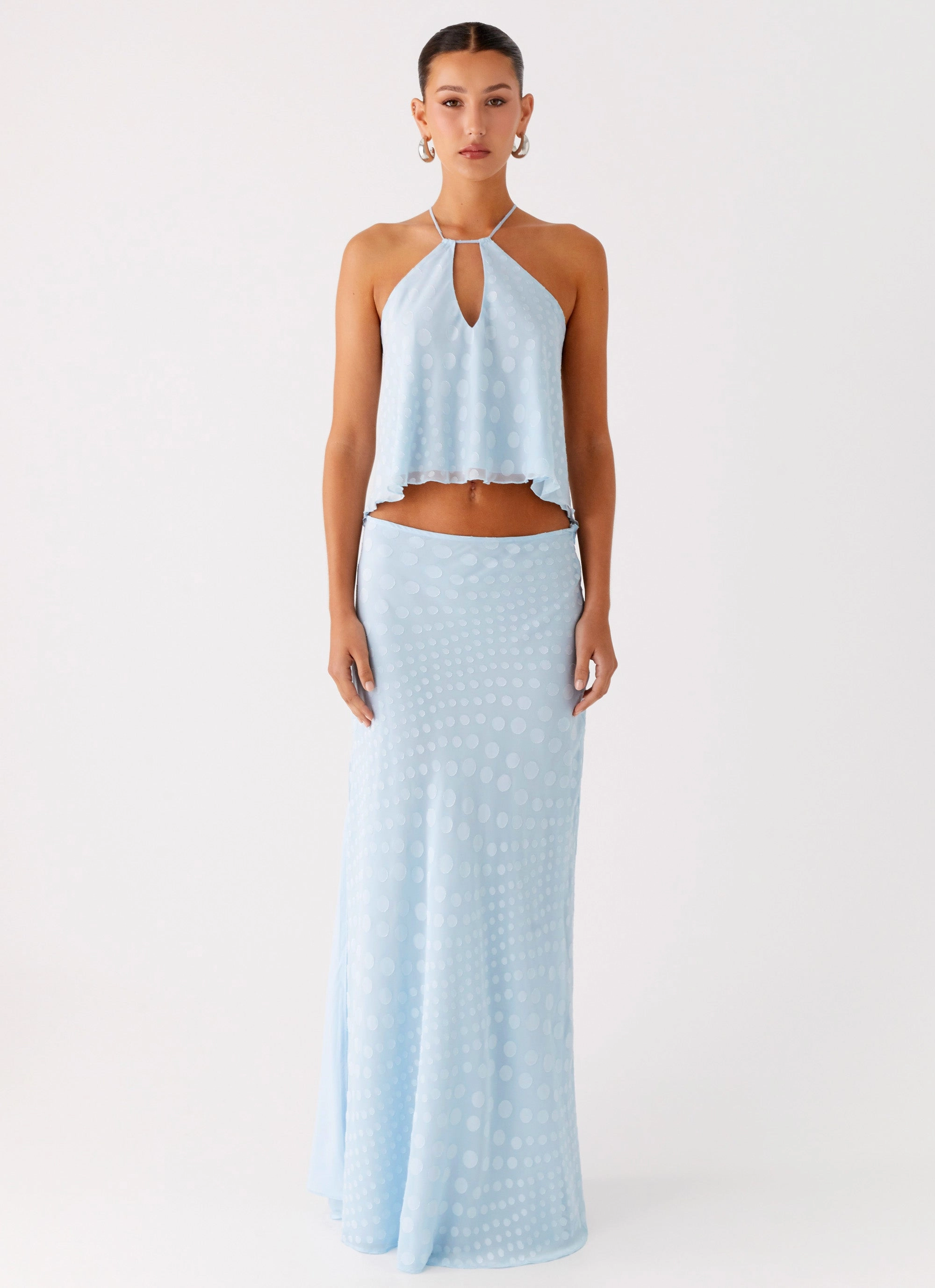 Mena Chiffon Spot Maxi Skirt - Blue Bold Statement Wrinkle Resistant