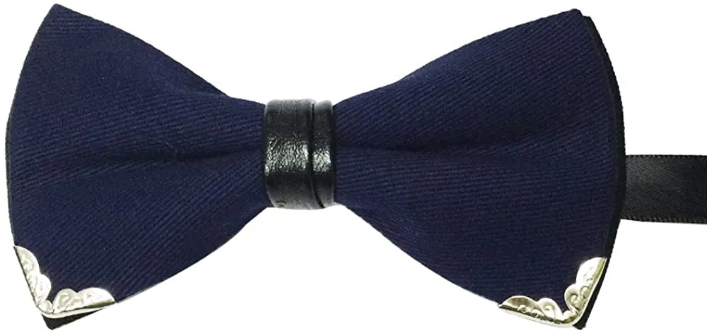 Men's Cotton Black Pre-tied Silver-Metal-Edged Two-Layer Bow Tie