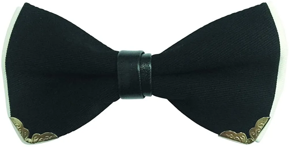 Men's Cotton Black Pre-tied Silver-Metal-Edged Two-Layer Bow Tie