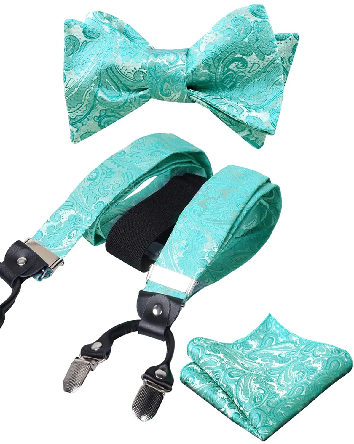 Men's Gray Paisley Untied Bow Tie with Pocket Square and Clip Suspenders