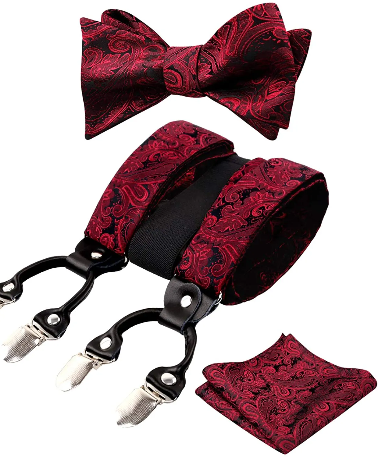 Men's Gray Paisley Untied Bow Tie with Pocket Square and Clip Suspenders