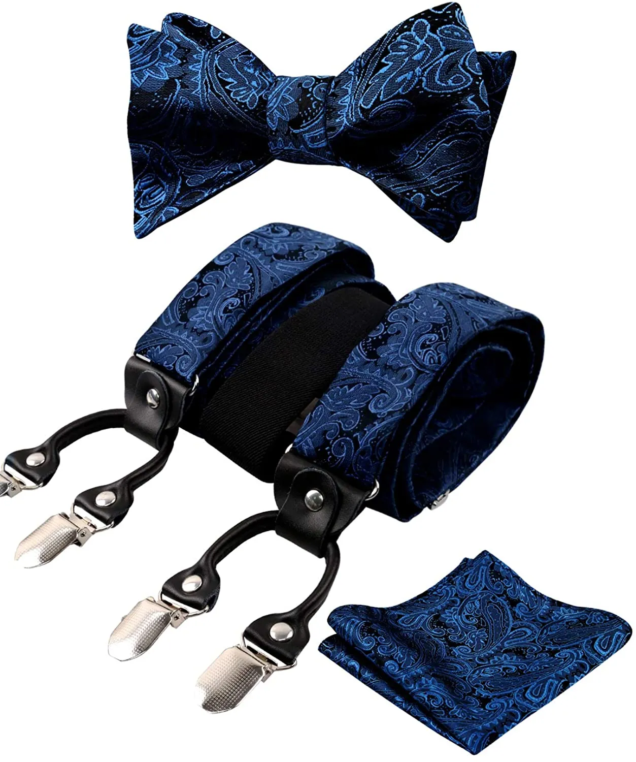 Men's Gray Paisley Untied Bow Tie with Pocket Square and Clip Suspenders