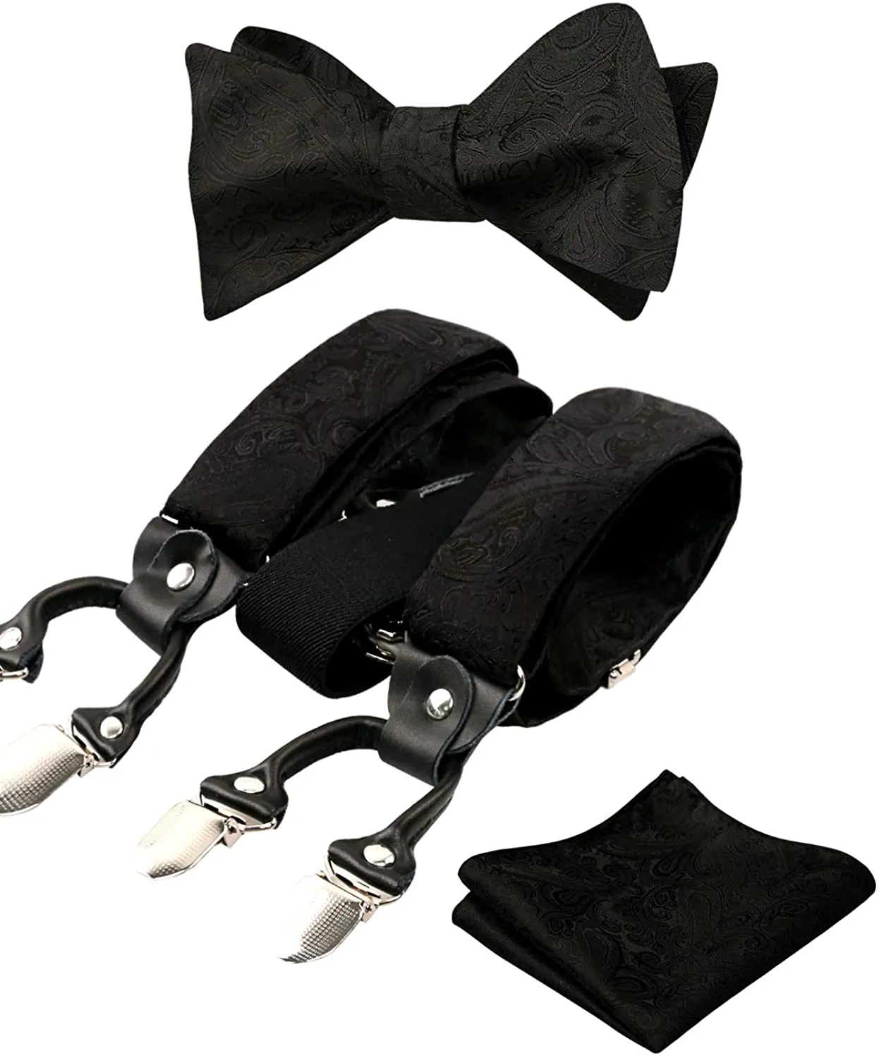 Men's Gray Paisley Untied Bow Tie with Pocket Square and Clip Suspenders