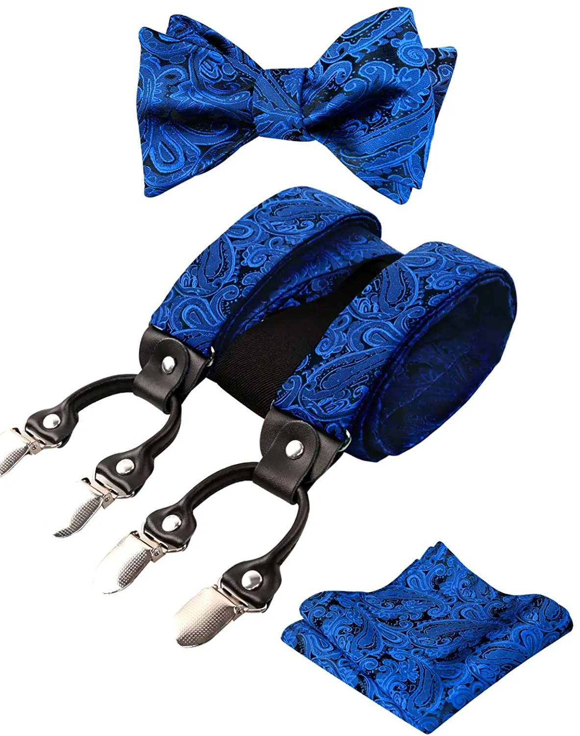 Men's Gray Paisley Untied Bow Tie with Pocket Square and Clip Suspenders