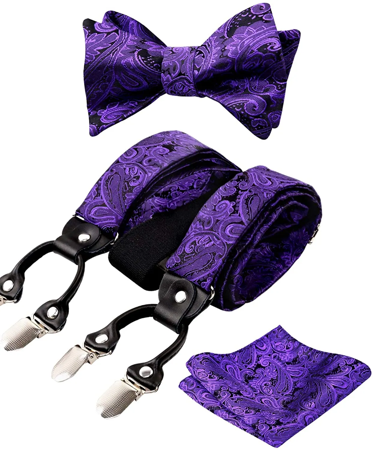Men's Gray Paisley Untied Bow Tie with Pocket Square and Clip Suspenders