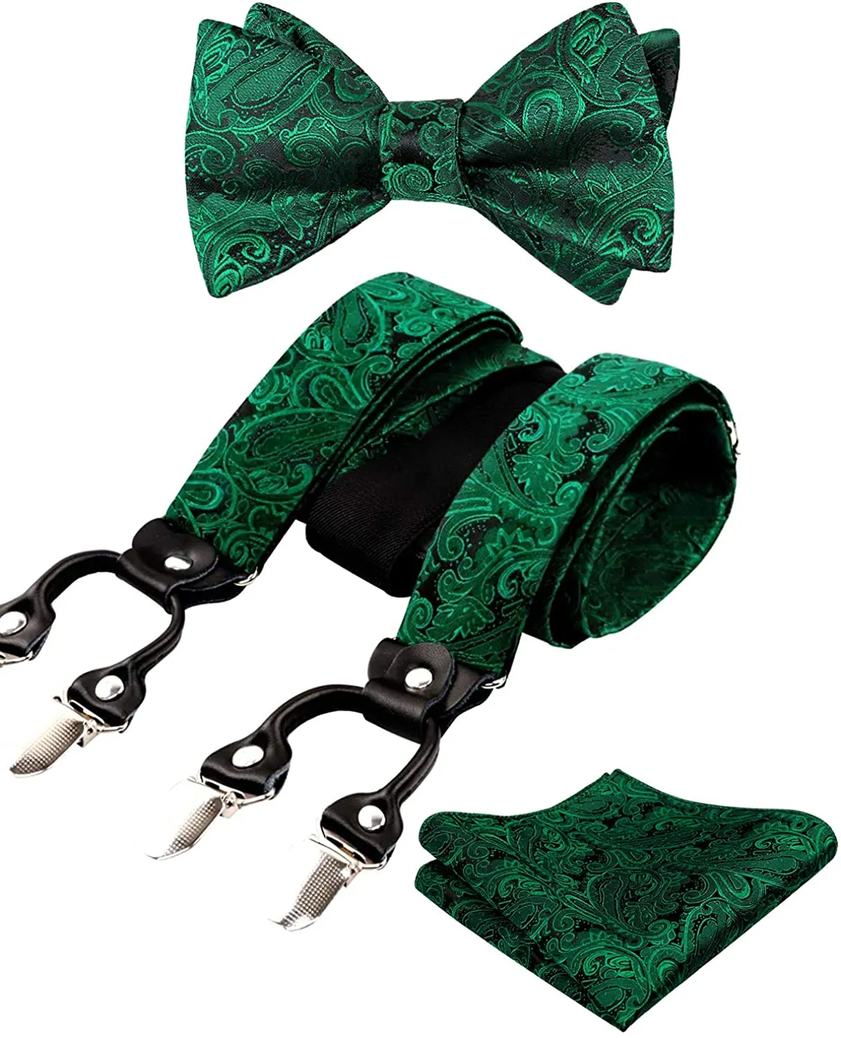 Men's Gray Paisley Untied Bow Tie with Pocket Square and Clip Suspenders