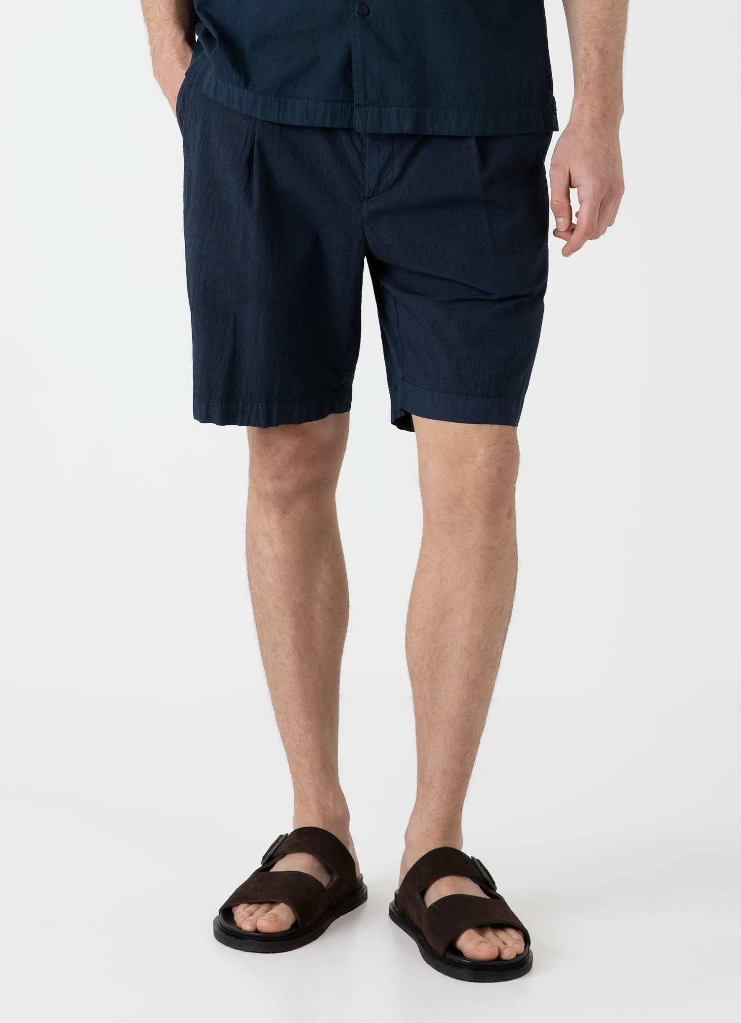 Cozy Wear Wrinkle Resistant Treatment Men's Pleated Seersucker Short in Navy