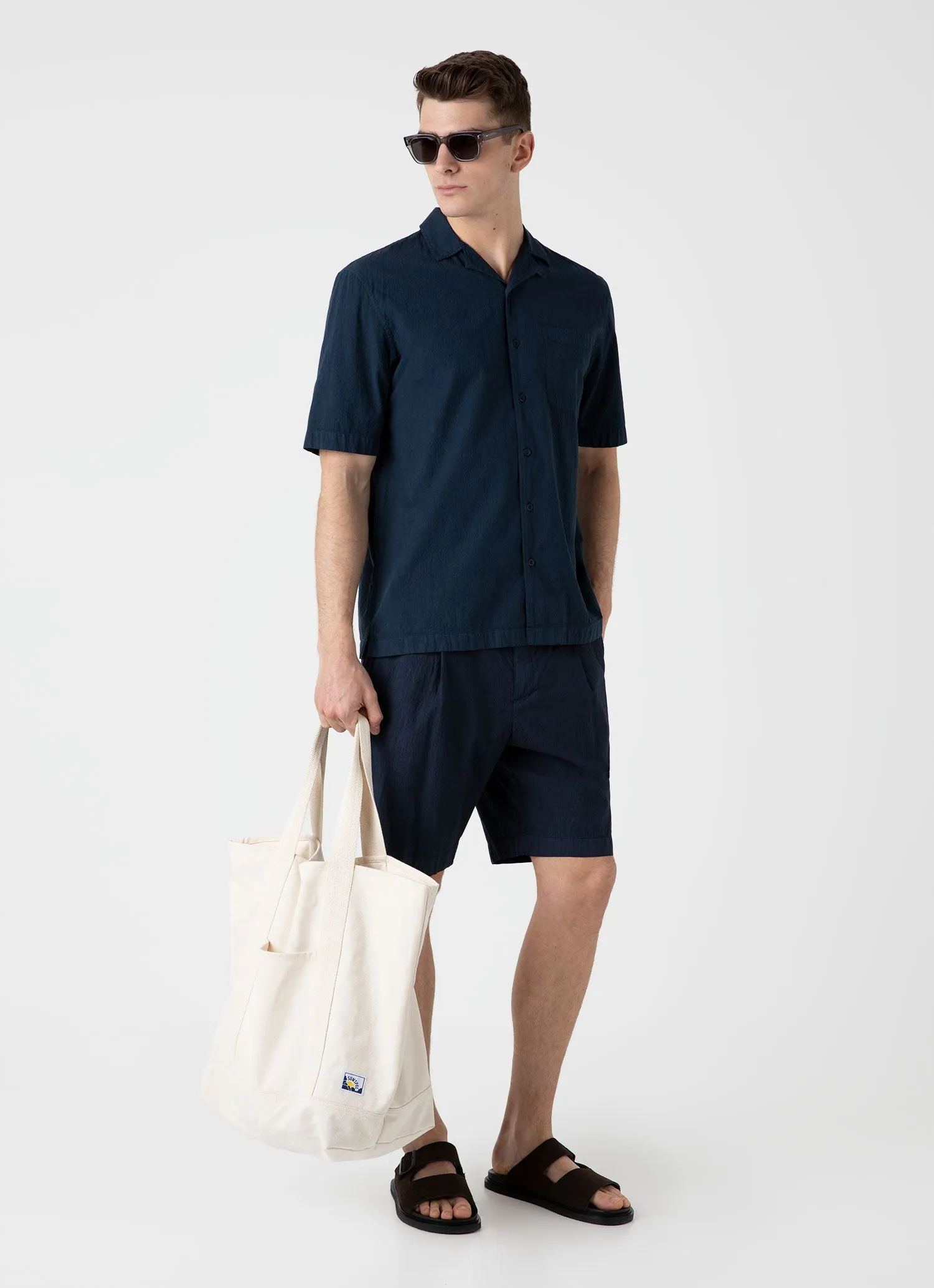 anti slip grip Men's Pleated Seersucker Short in Navy