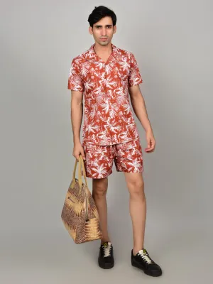 Men's Red Floral Cord Set - Casual Shirt & Short Set - Summer Style