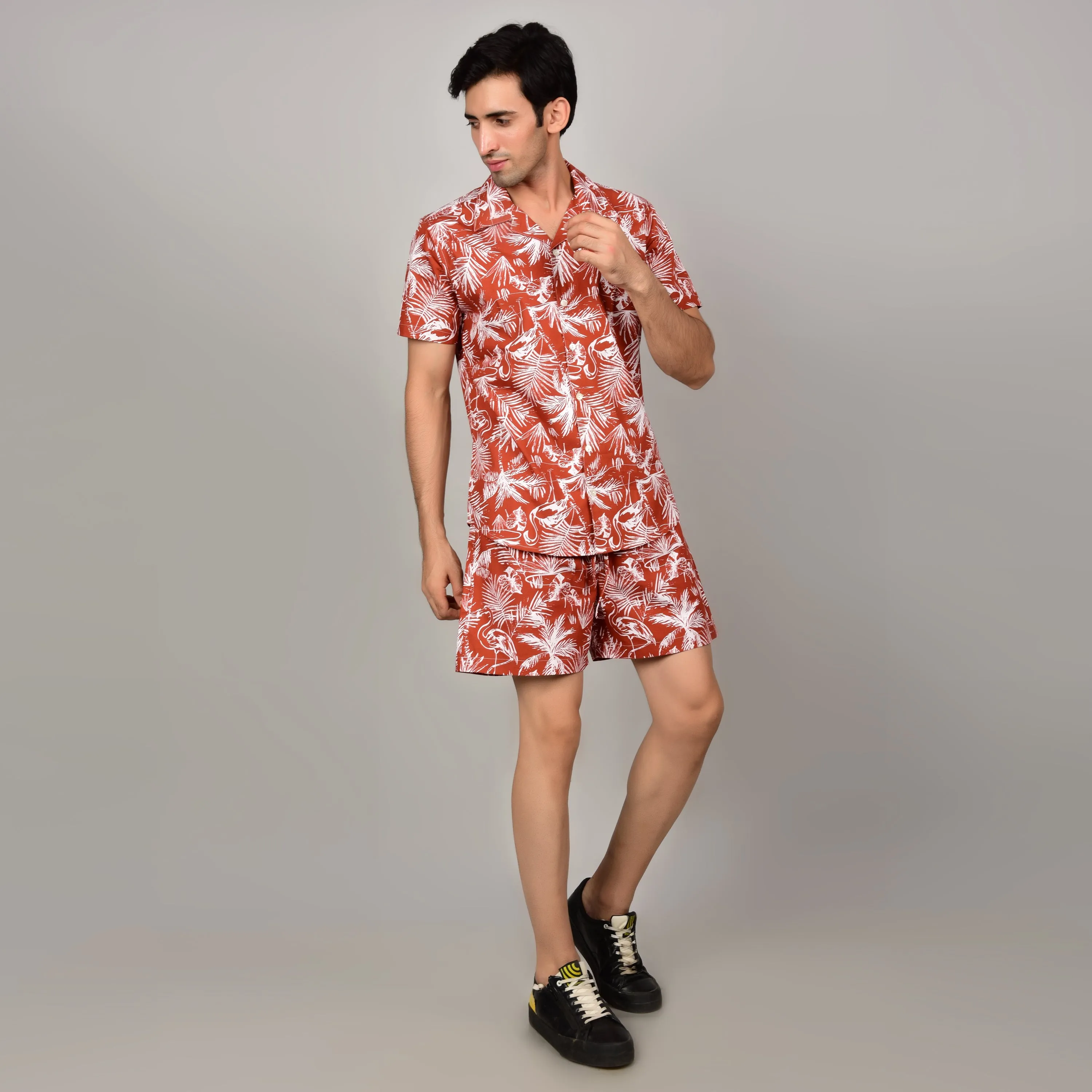 Men's Red Floral Cord Set - Casual Shirt & Short Set - Summer Style