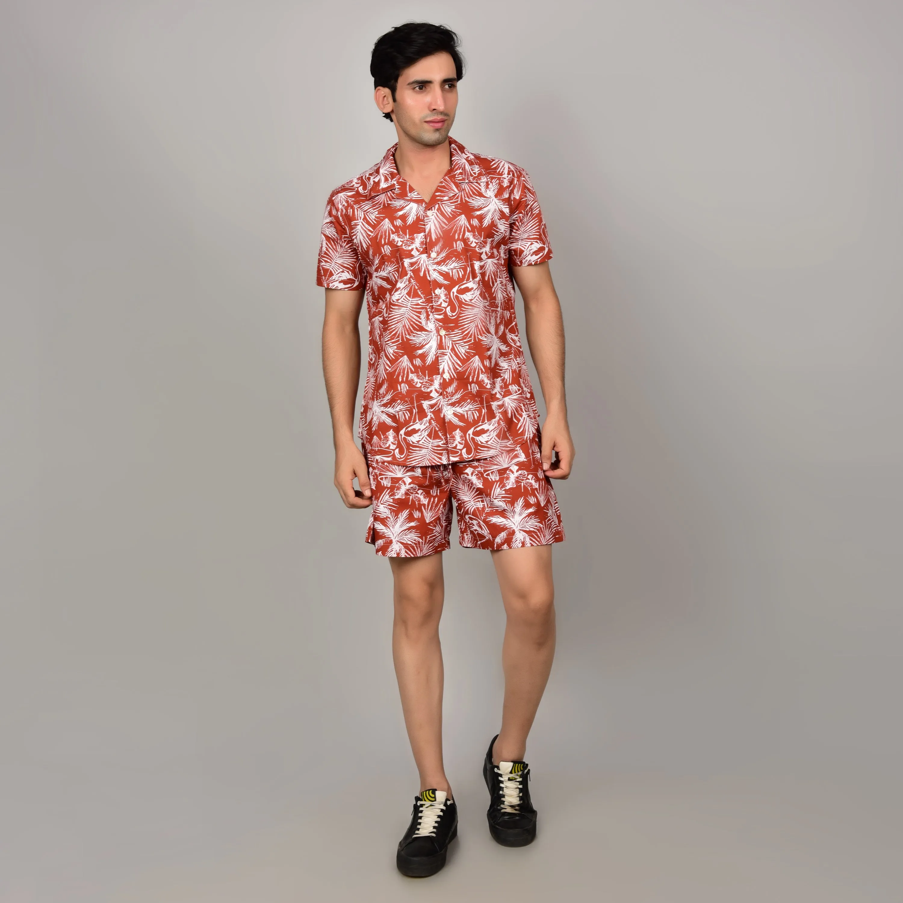 Men's Red Floral Cord Set - Casual Shirt & Short Set - Summer Style