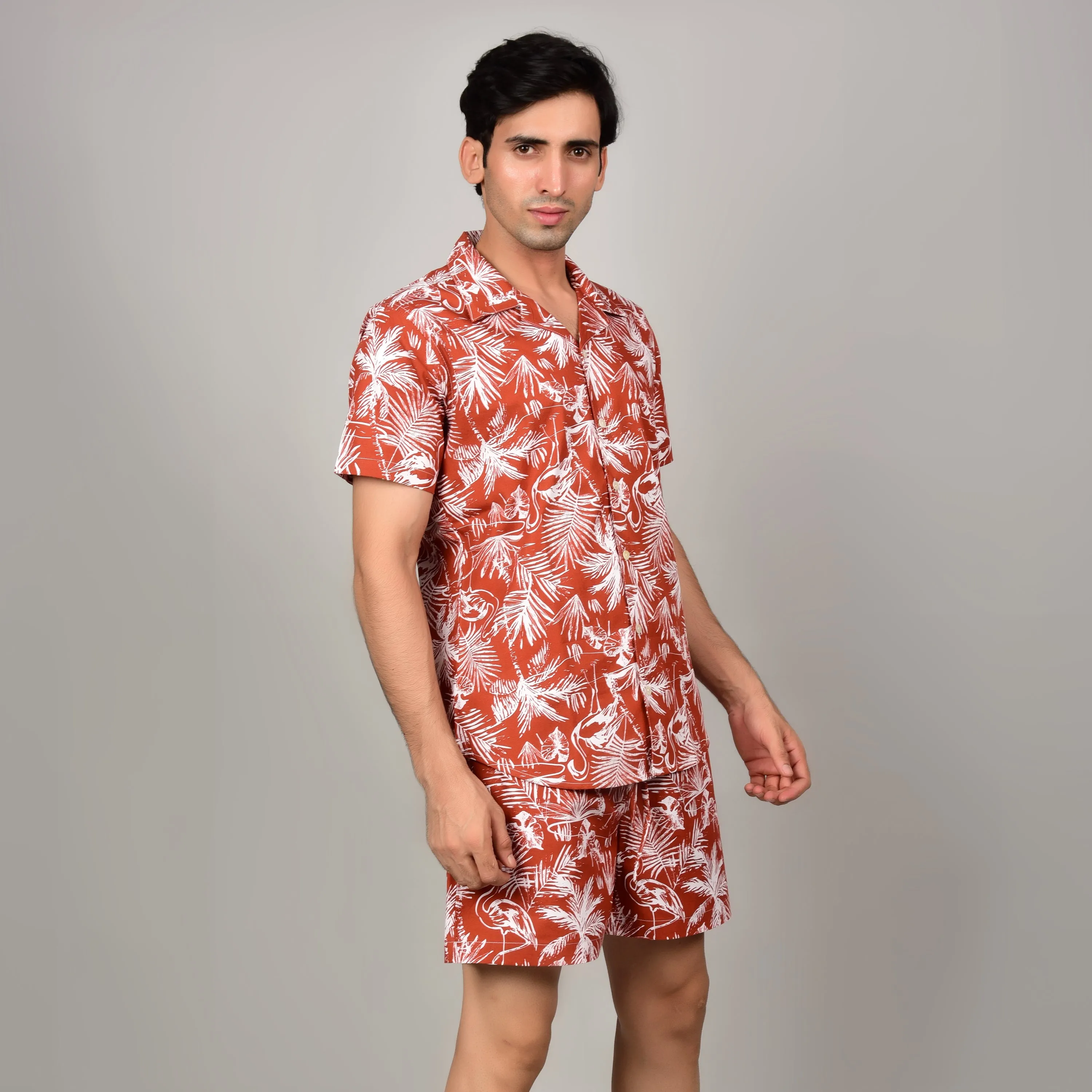 Men's Red Floral Cord Set - Casual Shirt & Short Set - Summer Style