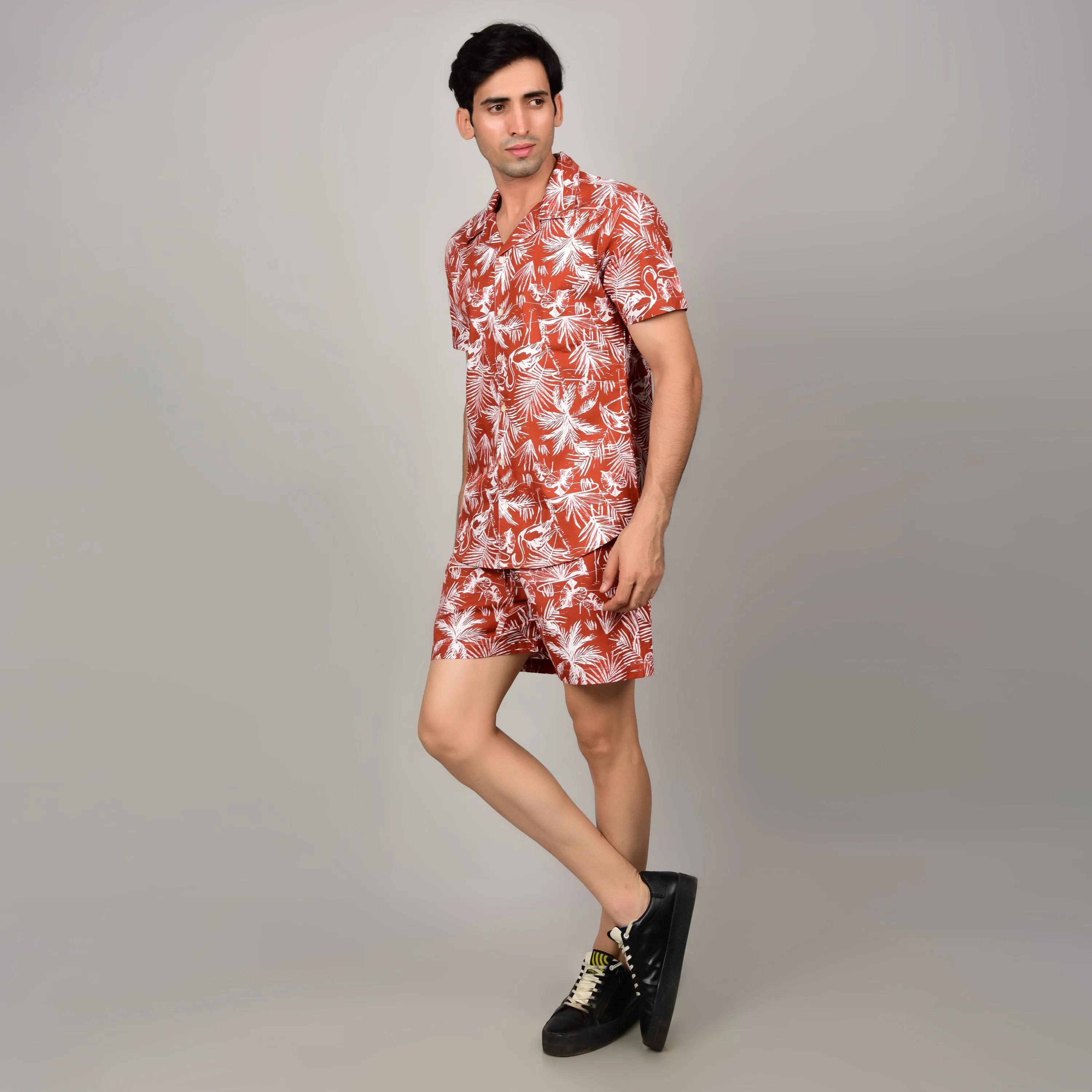 Men's Red Floral Cord Set - Casual Shirt & Short Set - Summer Style