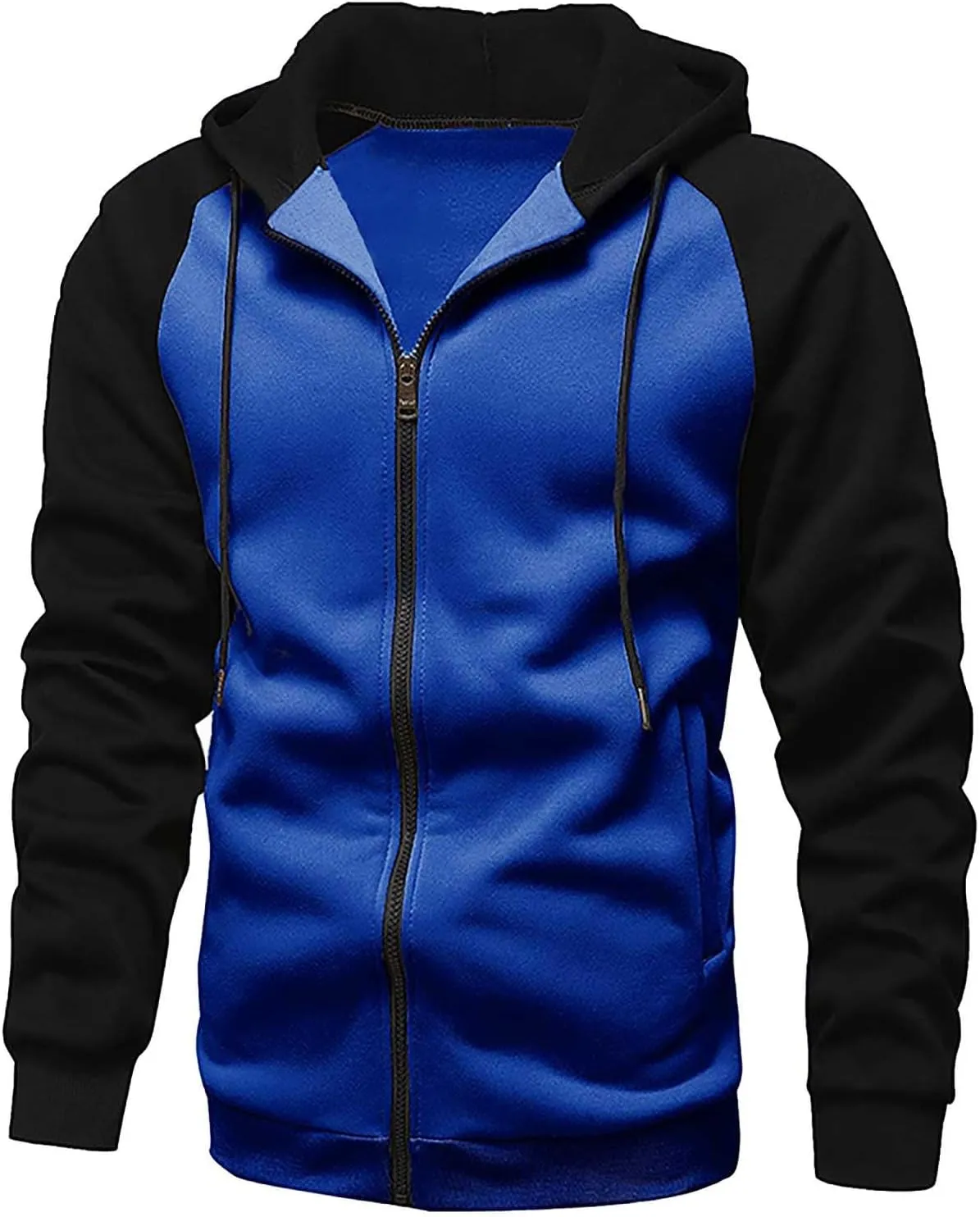 Men's Zippered Colorblock Hooded Sweatshirt Jacket Long Sleeve Drawstring Raglan Coat Casual Jacket with Pockets