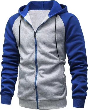 Men's Zippered Colorblock Hooded Sweatshirt Jacket Long Sleeve Drawstring Raglan Coat Casual Jacket with Pockets