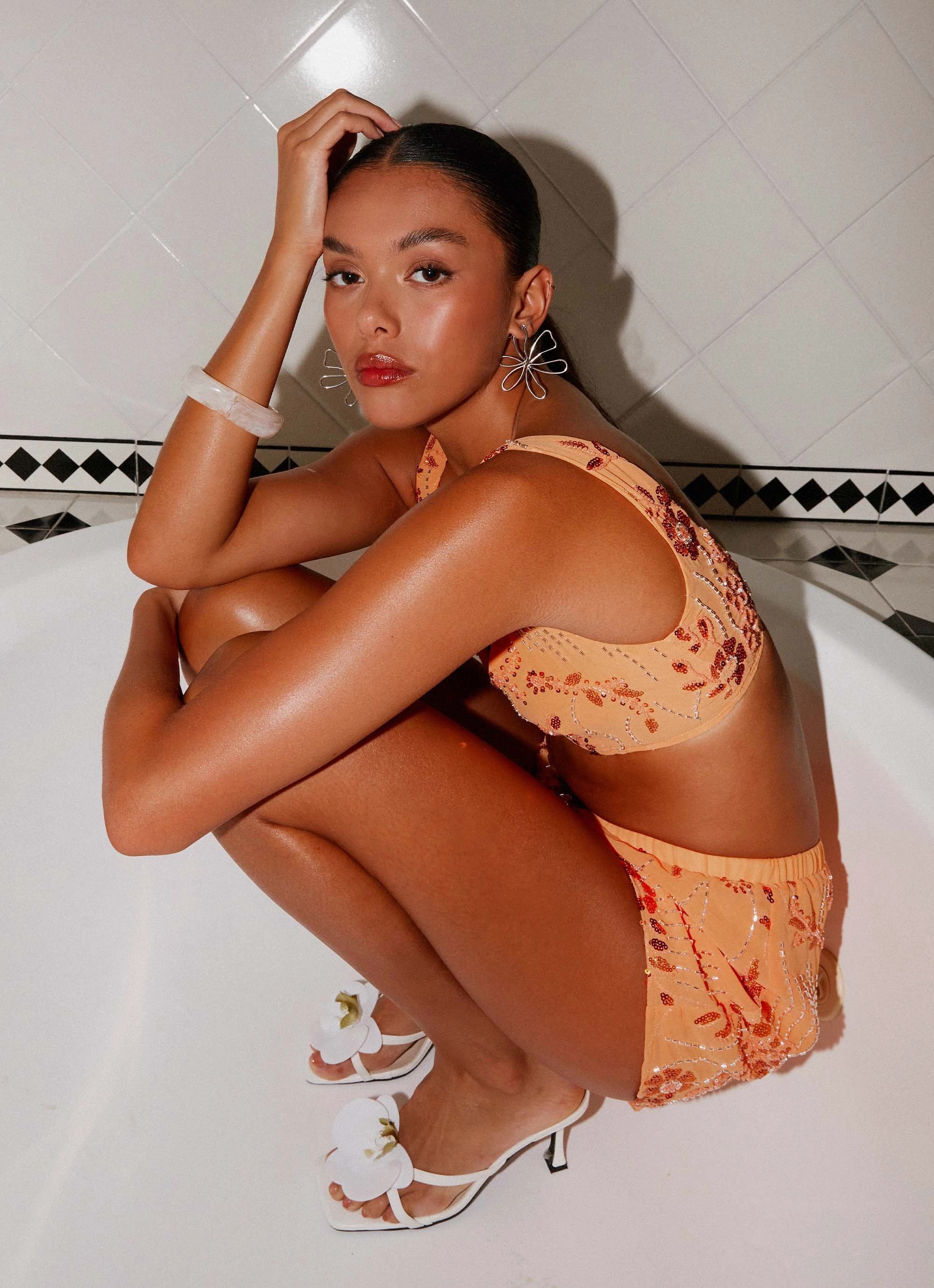 Soft Touch Feel Versatile Layering Cut Mercer Sequin Bralette - Orange