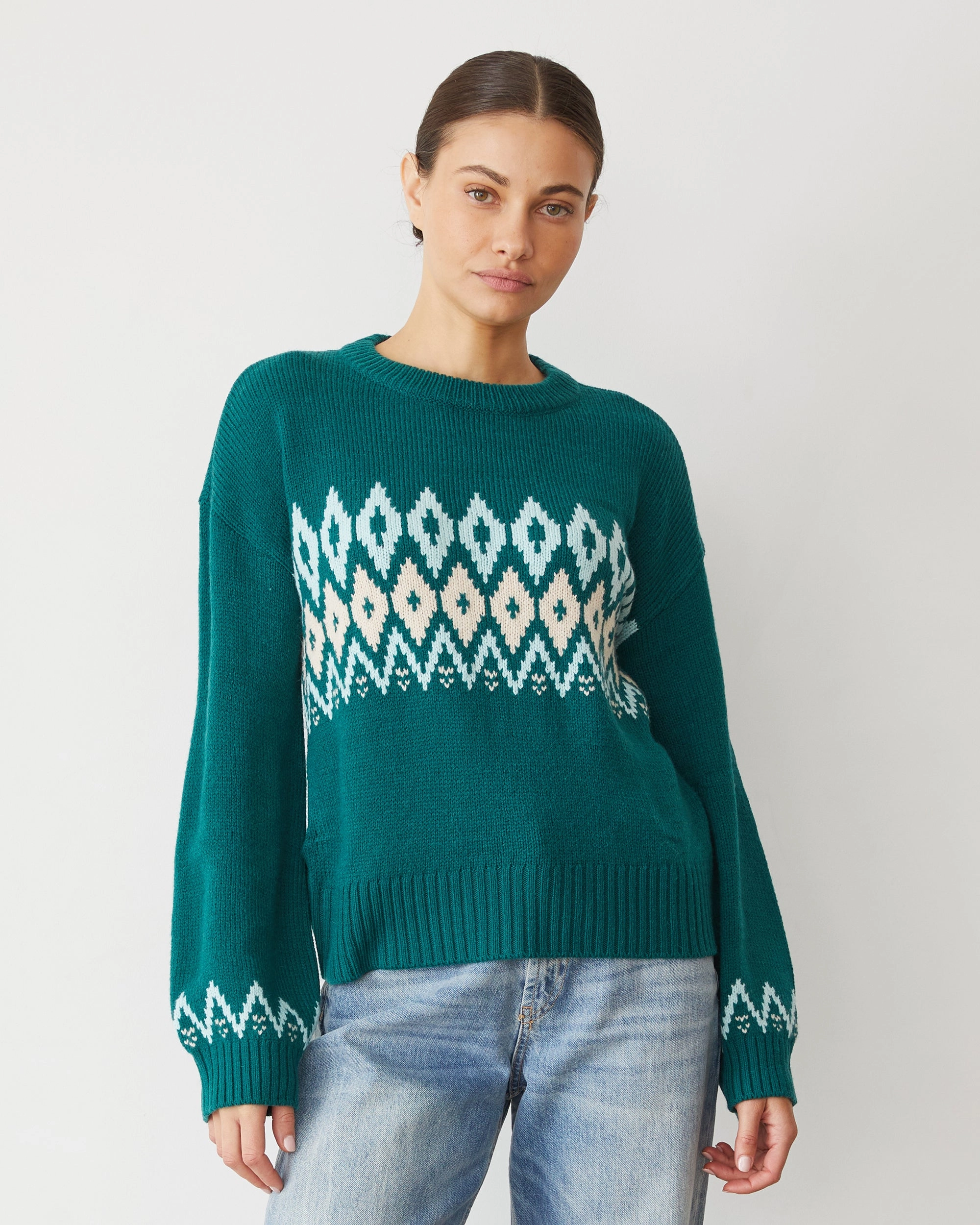 Bound Seam Finish Merino Wool Fair Isle Crew Neck