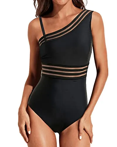 Mesh One Shoulder Tummy Control One Piece Swimsuits for Women Stylish Swimwear