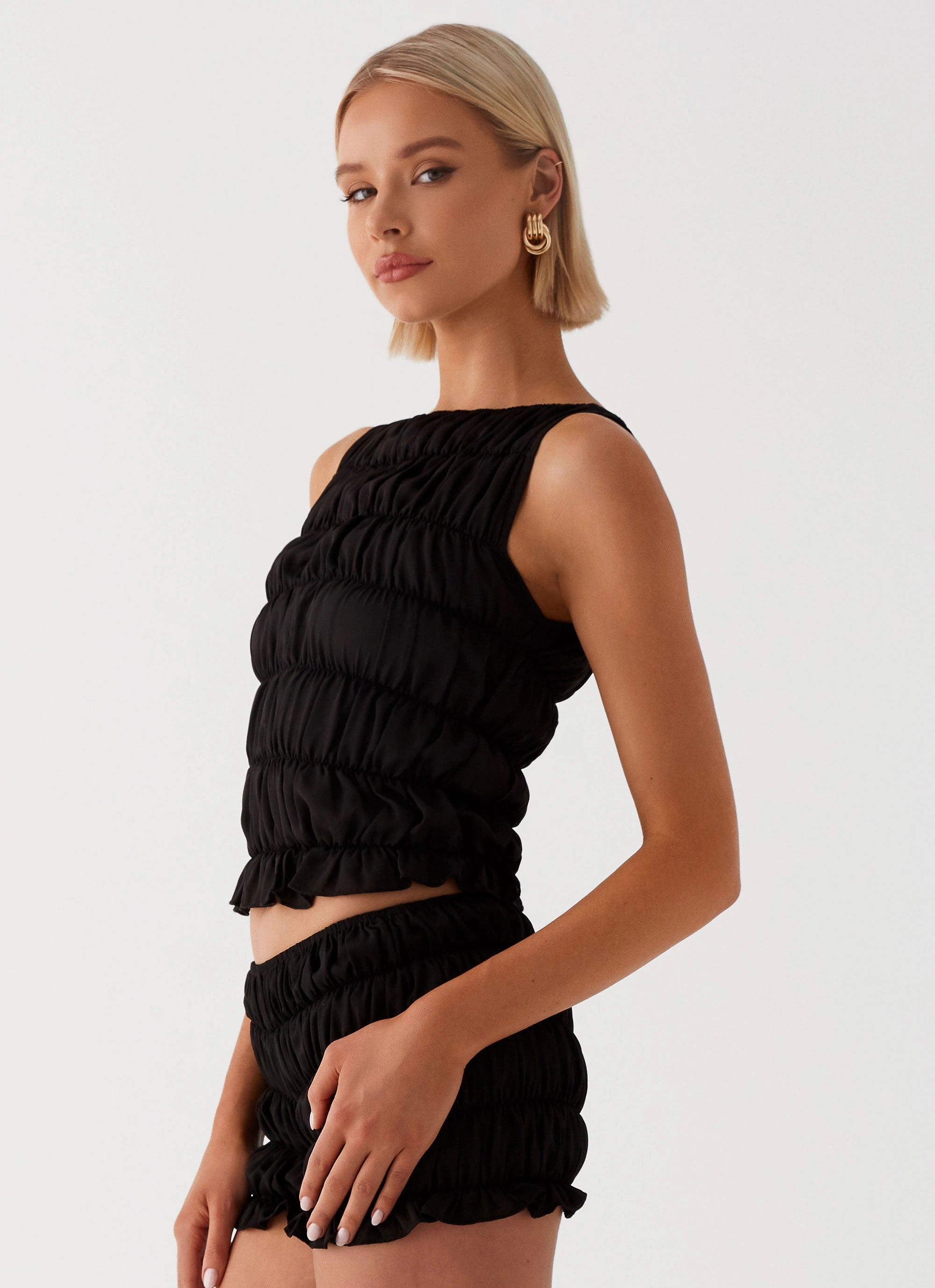 Messina Ruched Tank Top - Black Self Fabric Tie