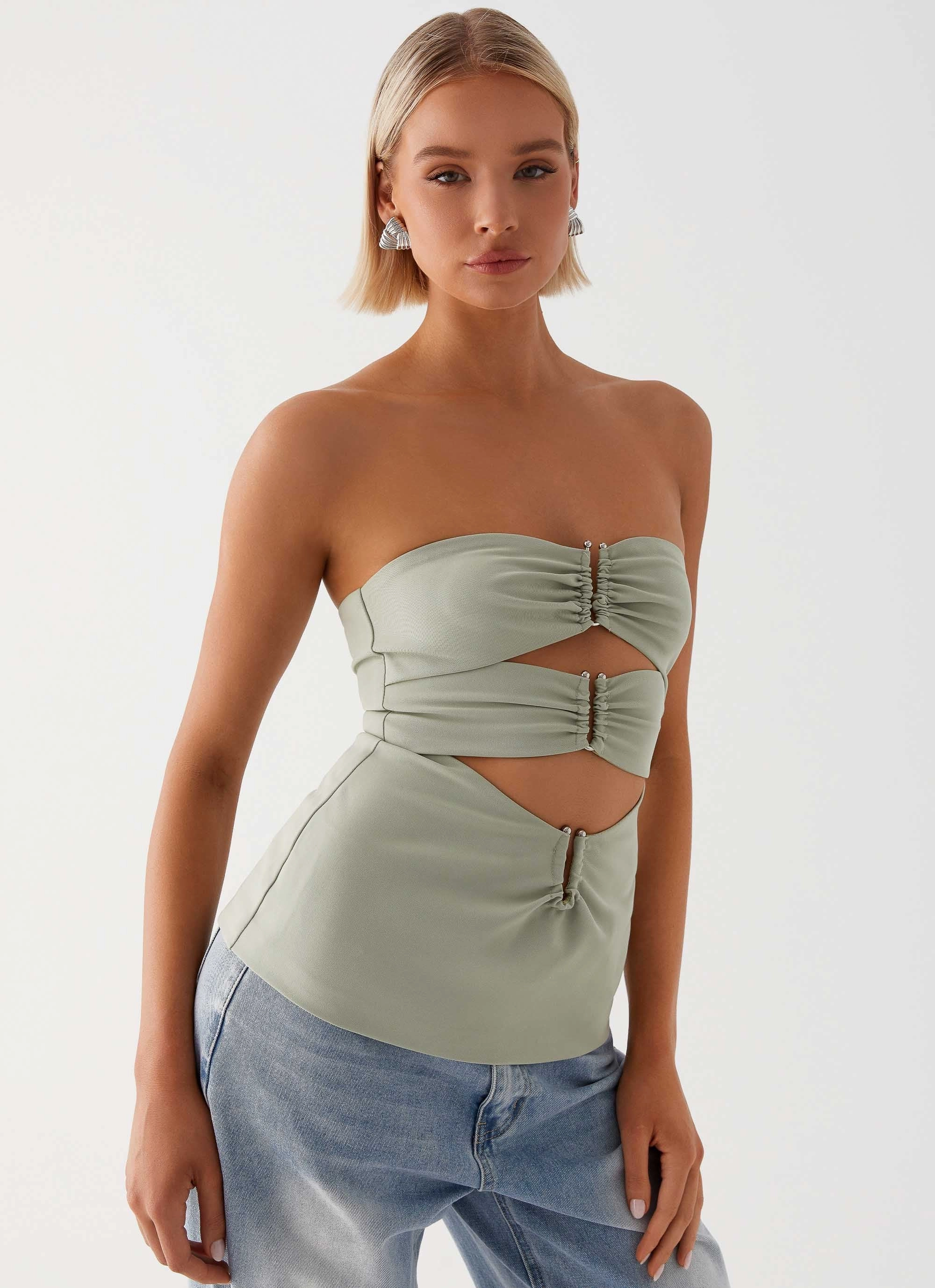 VNeck Style Micha Strapless Top - Khaki
