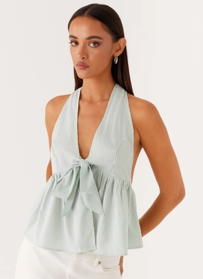 On Repeat Halter Top - Green Stripe Non Chafing Side Seams FrenchTerry