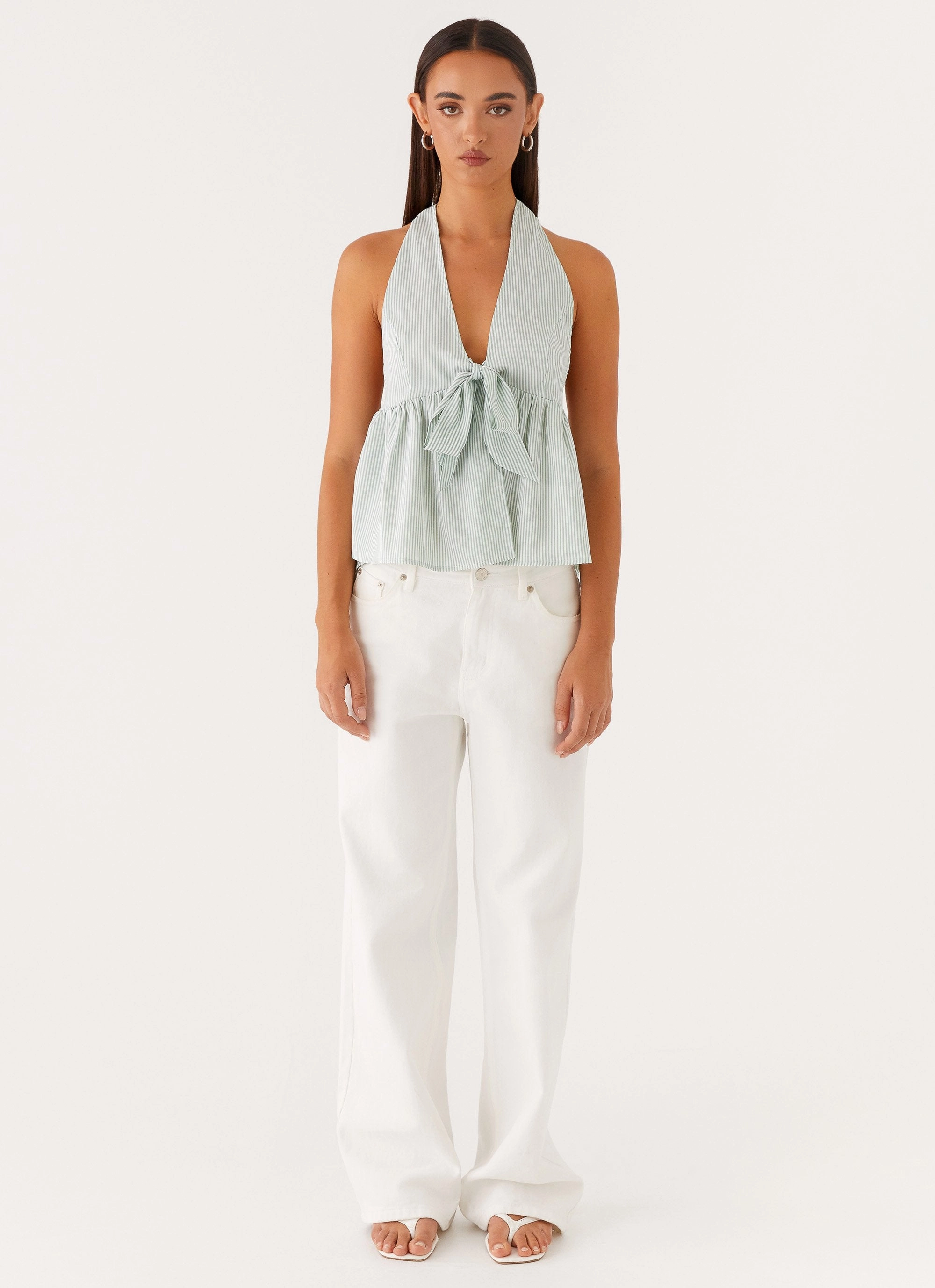 Wrinkle Resistant TearResistant On Repeat Halter Top - Green Stripe