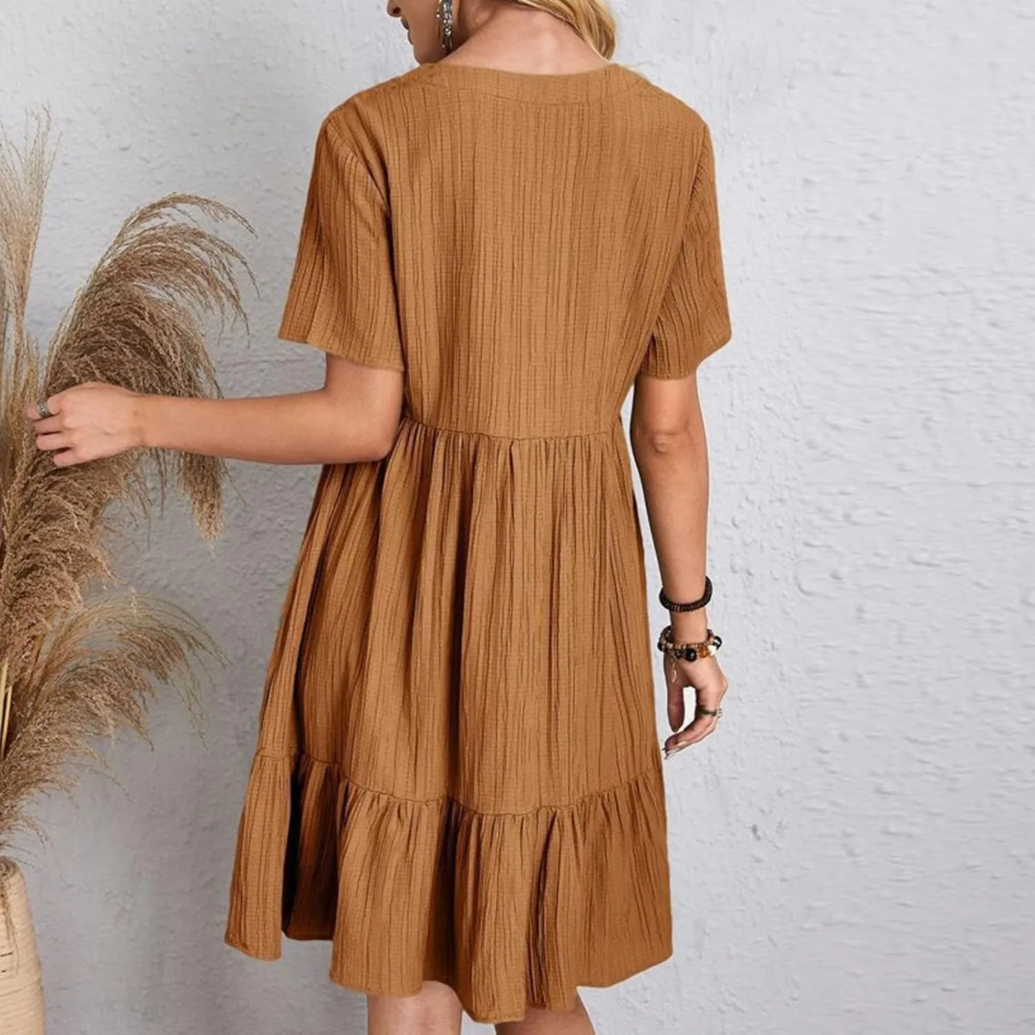 Midi Dresses for Women Ruched Empire Waist Casual Dresses Loose V Neck Short Sleeve Vacation Beach Summer Dresses