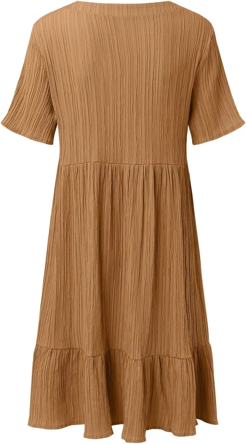 Midi Dresses for Women Ruched Empire Waist Casual Dresses Loose V Neck Short Sleeve Vacation Beach Summer Dresses
