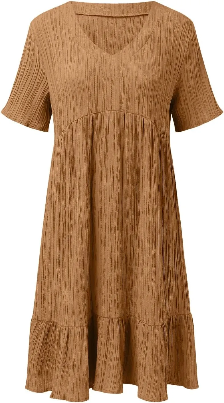 Midi Dresses for Women Ruched Empire Waist Casual Dresses Loose V Neck Short Sleeve Vacation Beach Summer Dresses