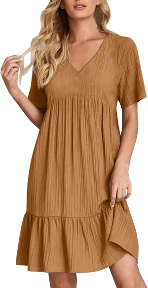 Midi Dresses for Women Ruched Empire Waist Casual Dresses Loose V Neck Short Sleeve Vacation Beach Summer Dresses