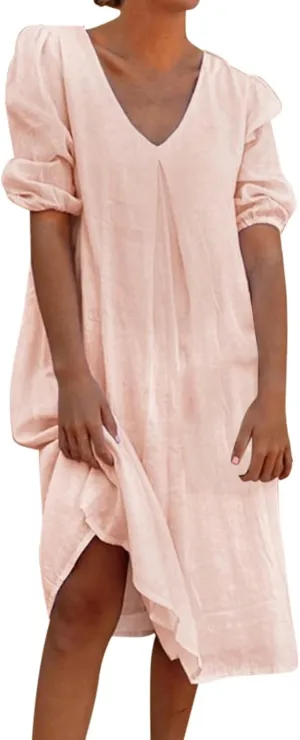 Midi Dresses for Women V Neck Cotton Linen Solid Casual Dress Half Puff Sleeve Loose Ruched Flowy Summer Dresses