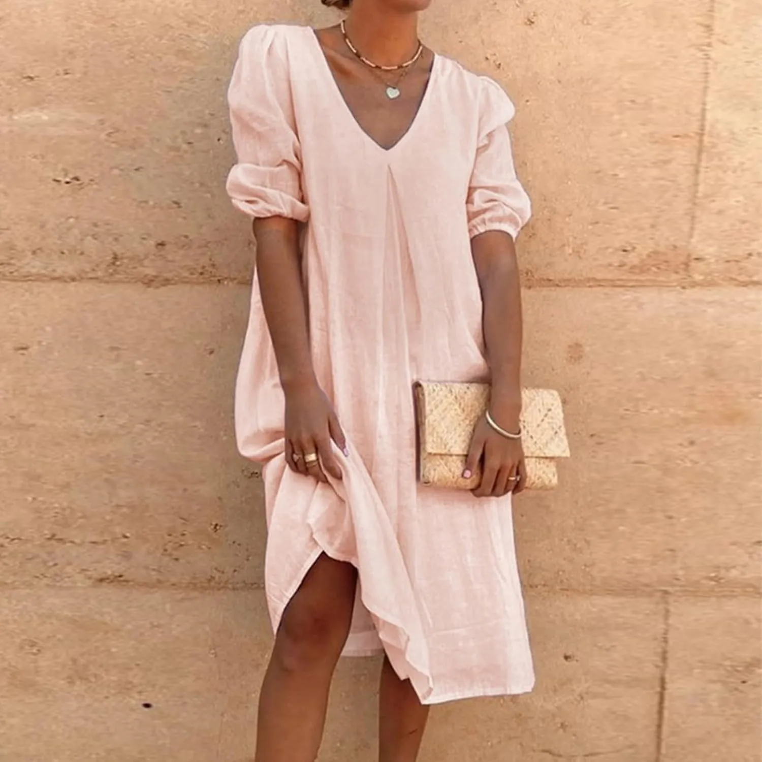 Midi Dresses for Women V Neck Cotton Linen Solid Casual Dress Half Puff Sleeve Loose Ruched Flowy Summer Dresses