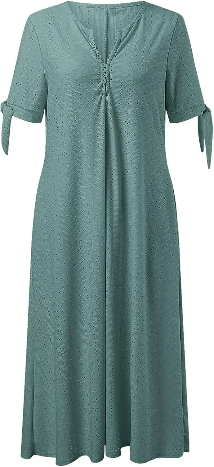 Midi Dresses for Women,Casual Short Sleeve Crewneck Shirt Dress Aline Swing Flowy Tiered Maxi Beach Long Dresses