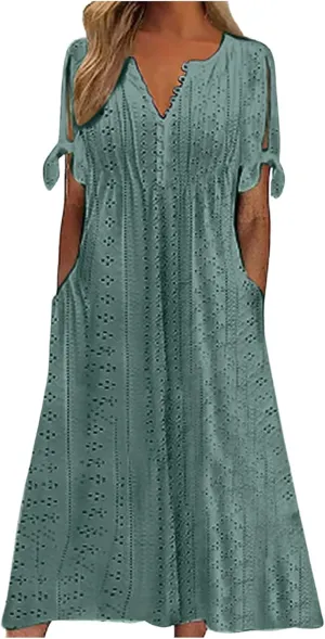 Midi Dresses for Women,Casual Short Sleeve Crewneck Shirt Dress Aline Swing Flowy Tiered Maxi Beach Long Dresses
