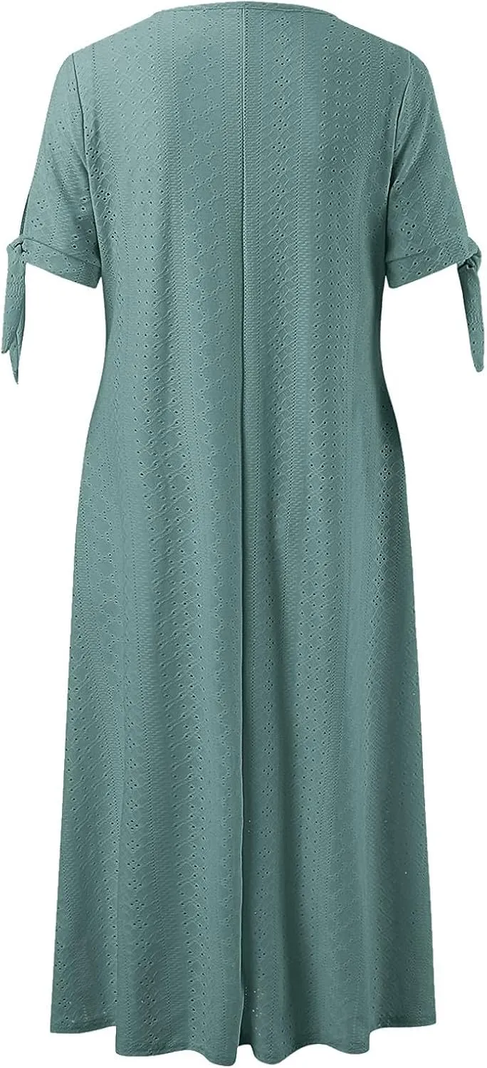 Midi Dresses for Women,Casual Short Sleeve Crewneck Shirt Dress Aline Swing Flowy Tiered Maxi Beach Long Dresses