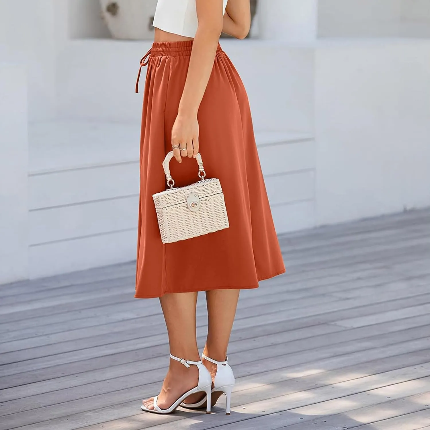 Midi Skirt for Women Summer Drawstring Elastic High Waist Skirt Knee Length Smocked A Line Fashion Skirts with Pockets