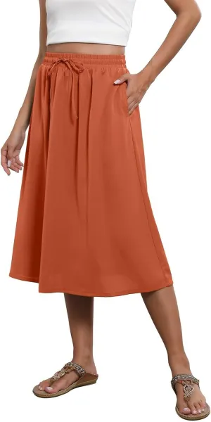 Midi Skirt for Women Summer Drawstring Elastic High Waist Skirt Knee Length Smocked A Line Fashion Skirts with Pockets