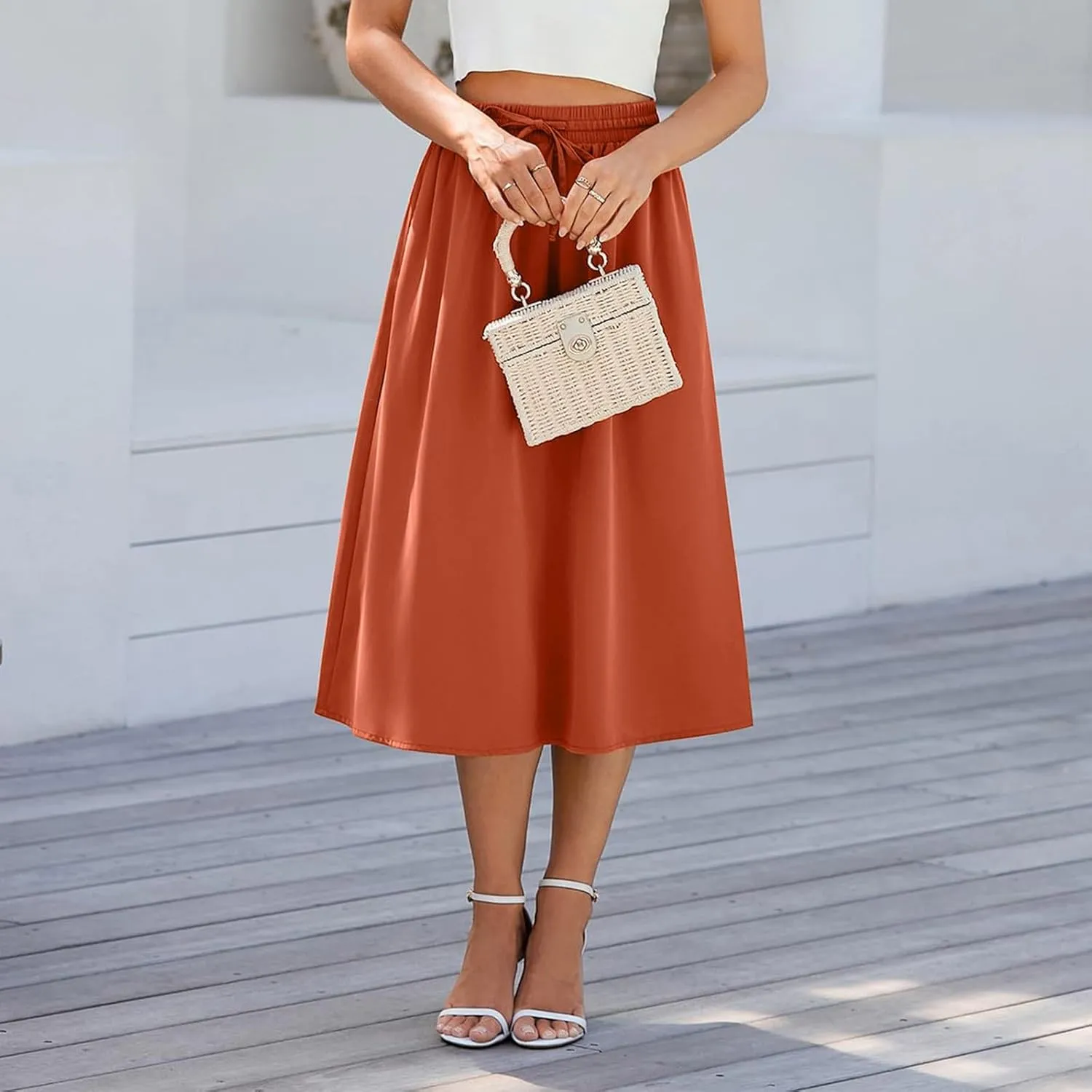 Midi Skirt for Women Summer Drawstring Elastic High Waist Skirt Knee Length Smocked A Line Fashion Skirts with Pockets