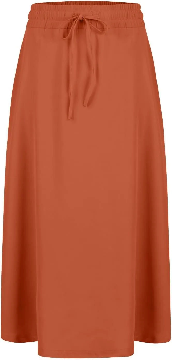 Midi Skirt for Women Summer Drawstring Elastic High Waist Skirt Knee Length Smocked A Line Fashion Skirts with Pockets