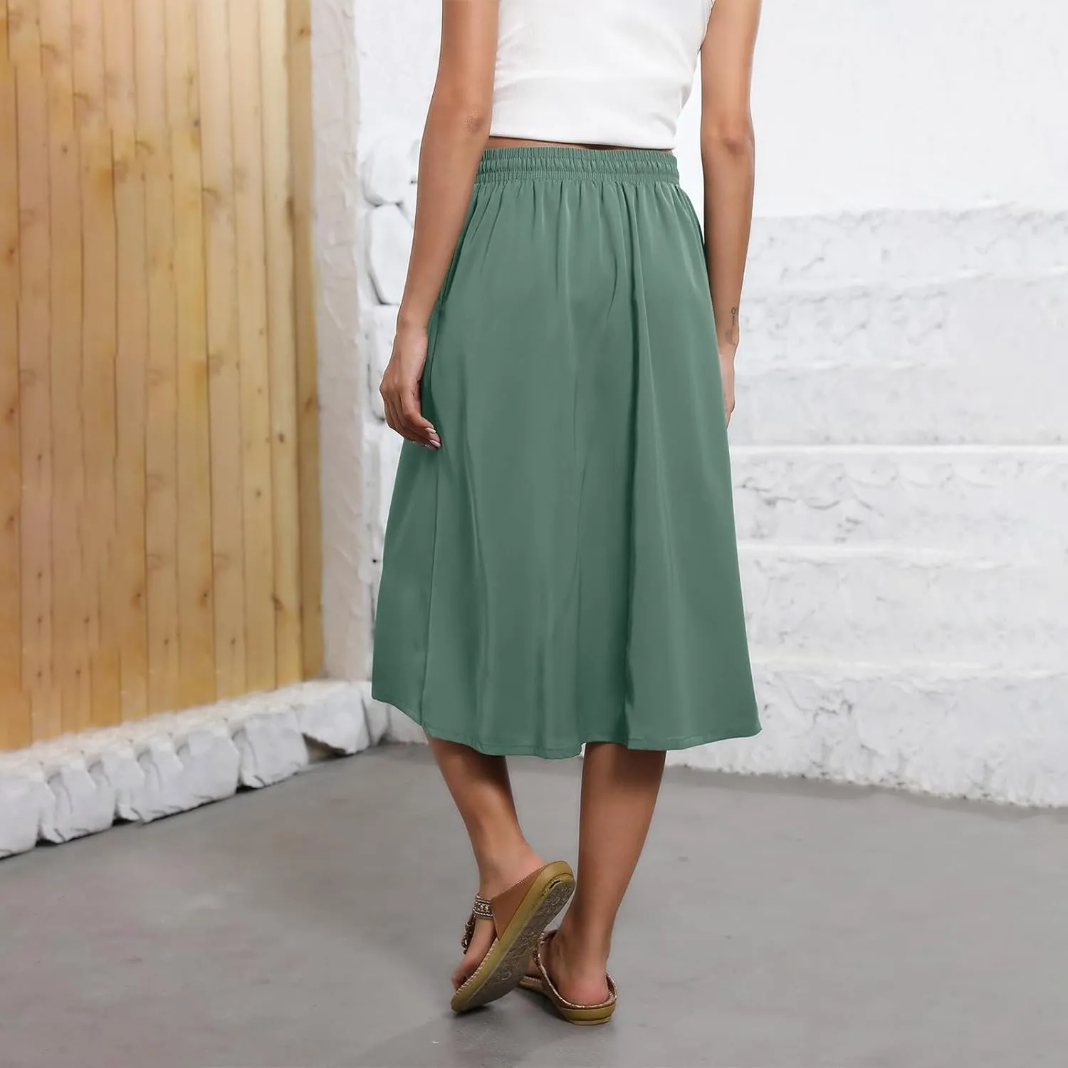 Midi Skirt for Women Summer Drawstring Elastic High Waist Skirt Knee Length Smocked A Line Fashion Skirts with Pockets