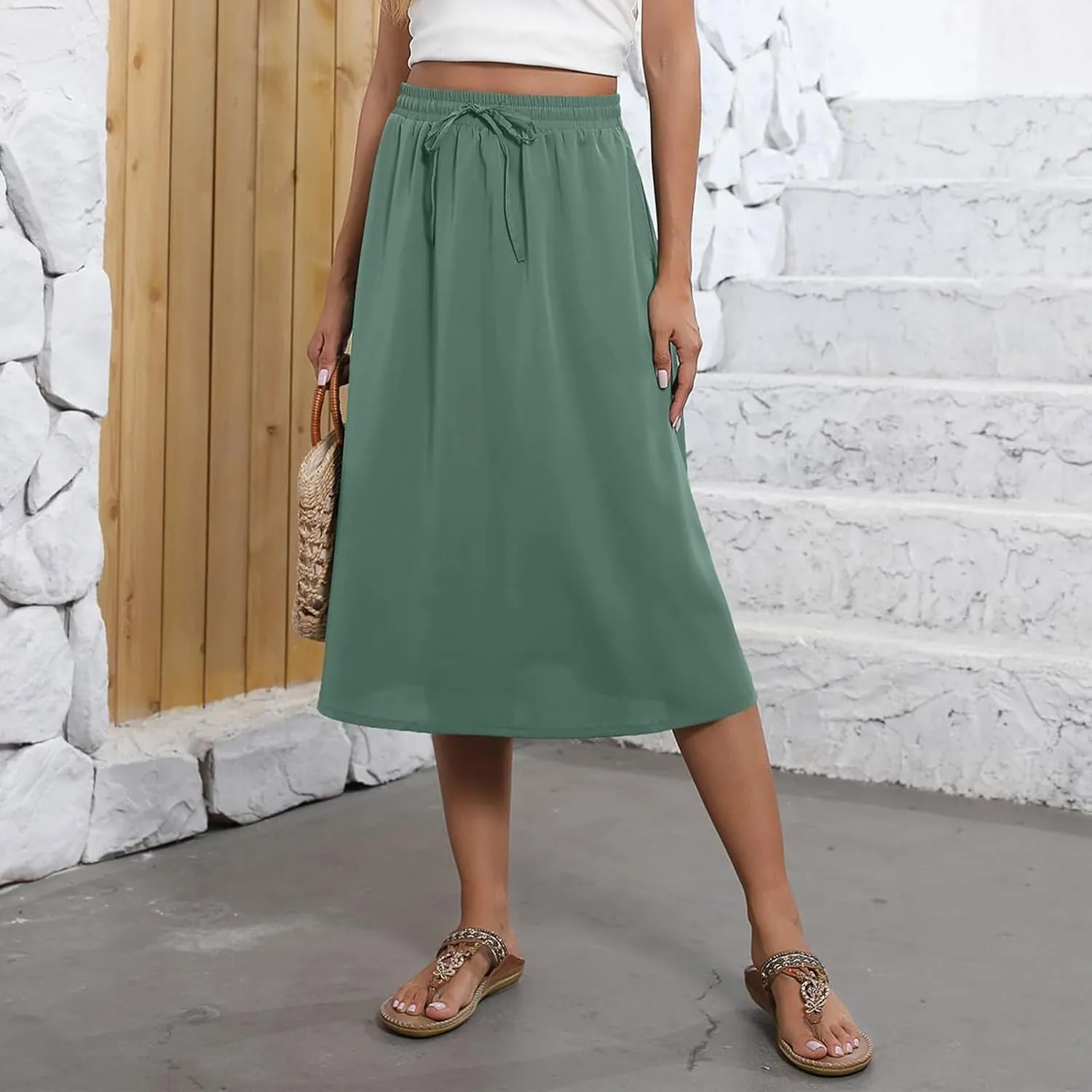 Midi Skirt for Women Summer Drawstring Elastic High Waist Skirt Knee Length Smocked A Line Fashion Skirts with Pockets