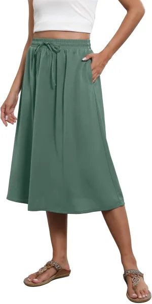 Midi Skirt for Women Summer Drawstring Elastic High Waist Skirt Knee Length Smocked A Line Fashion Skirts with Pockets