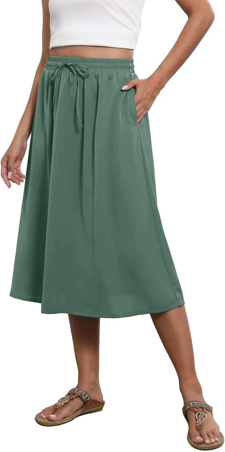 Midi Skirt for Women Summer Drawstring Elastic High Waist Skirt Knee Length Smocked A Line Fashion Skirts with Pockets