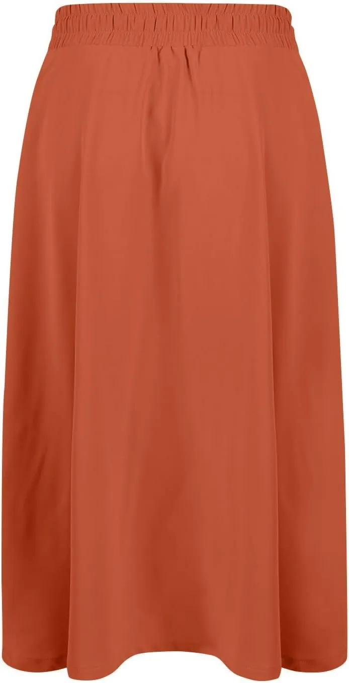Midi Skirt for Women Summer Drawstring Elastic High Waist Skirt Knee Length Smocked A Line Fashion Skirts with Pockets