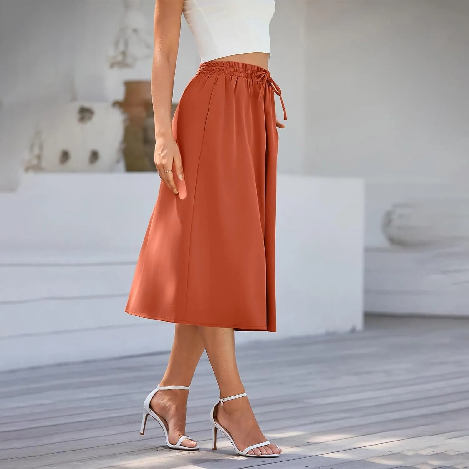Midi Skirt for Women Summer Drawstring Elastic High Waist Skirt Knee Length Smocked A Line Fashion Skirts with Pockets