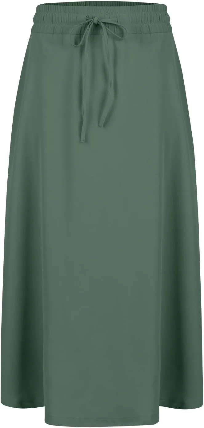 Midi Skirt for Women Summer Drawstring Elastic High Waist Skirt Knee Length Smocked A Line Fashion Skirts with Pockets