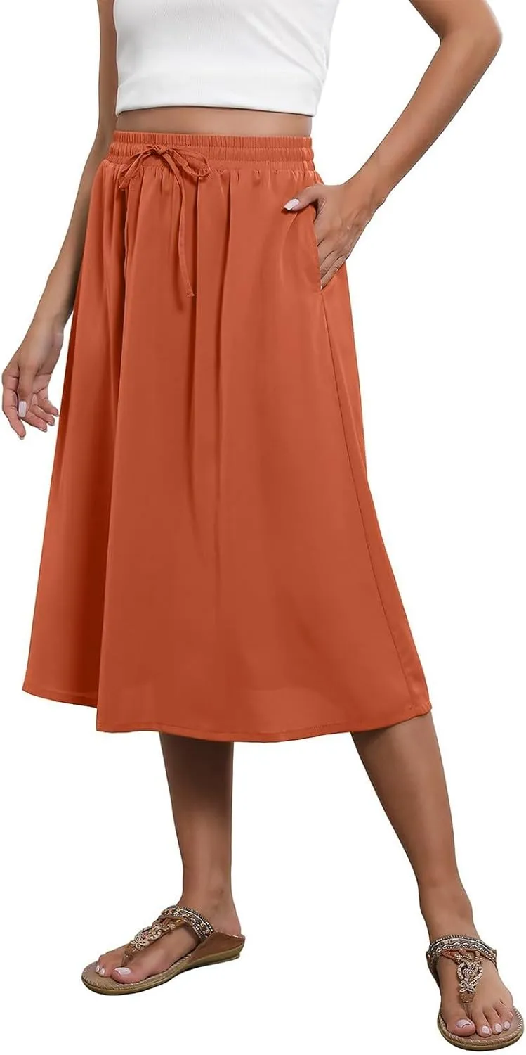 Midi Skirt for Women Summer Drawstring Elastic High Waist Skirt Knee Length Smocked A Line Fashion Skirts with Pockets