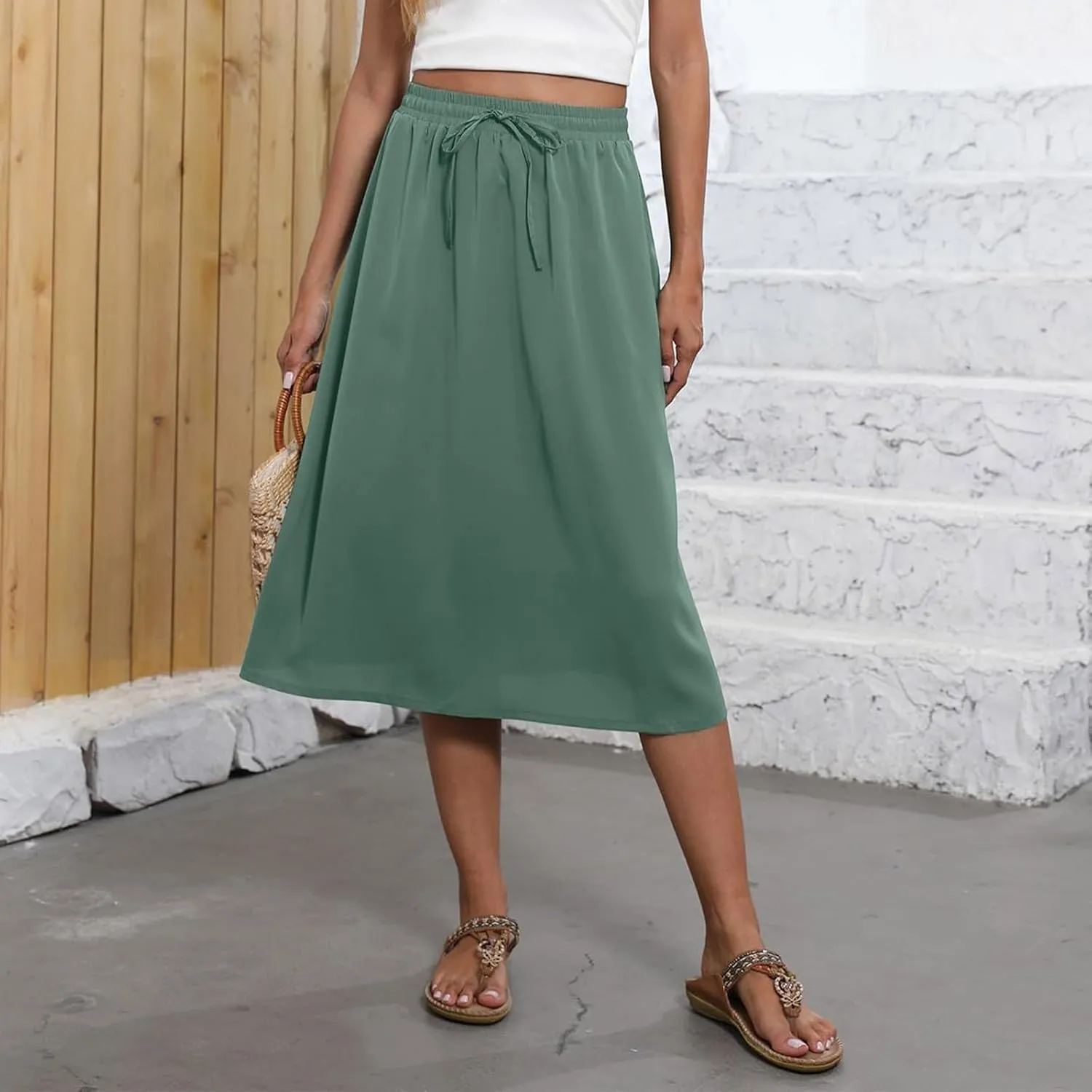 Midi Skirt for Women Summer Drawstring Elastic High Waist Skirt Knee Length Smocked A Line Fashion Skirts with Pockets