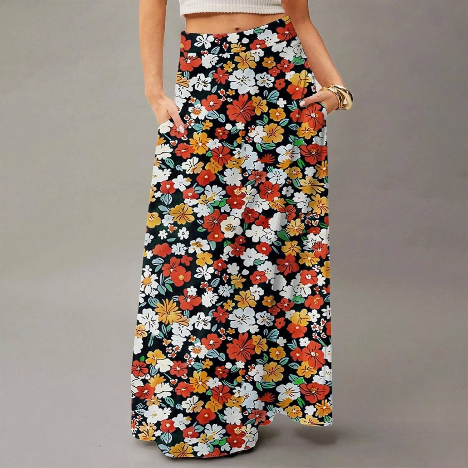 Midi Skirts for Women Summer High Waisted Pleated A-Line Swing Floral Long with Pockets