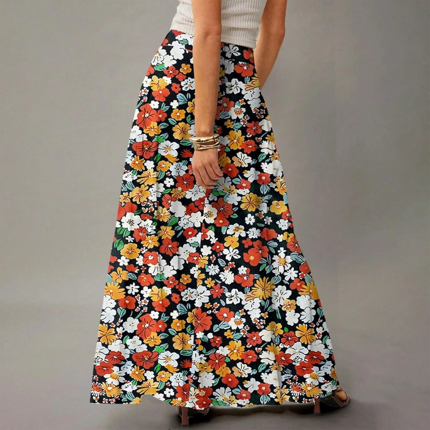 Midi Skirts for Women Summer High Waisted Pleated A-Line Swing Floral Long with Pockets